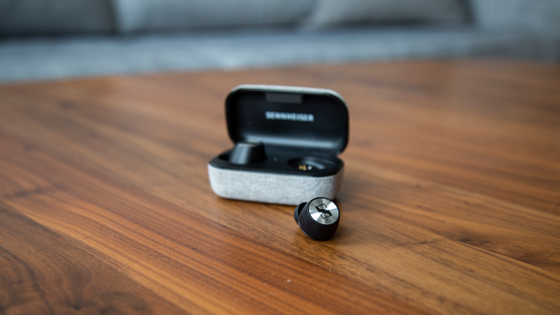 The included charging case is covered in a smooth tweed-like fabric and provides 12 total hours of battery life.
